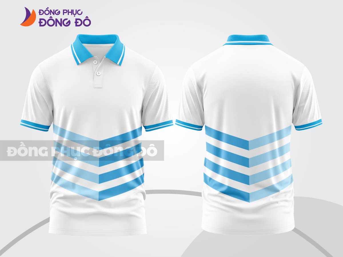 Mẫu polo 3D đồng phục công sở màu trắng phối xanh cyan kẻ ngang ctpd3189