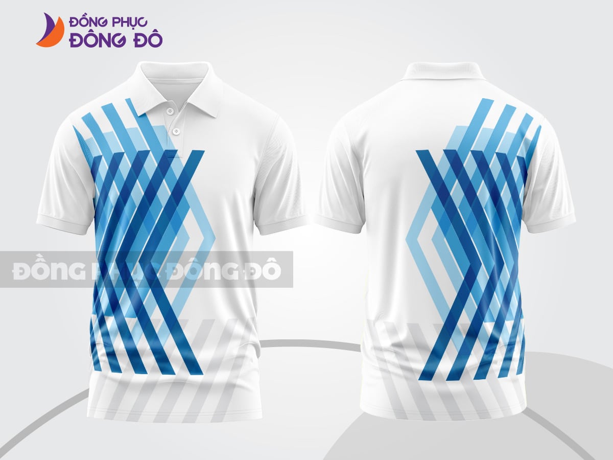 Mẫu áo polo 3D đồng phục công ty màu trắng phối xanh dương họa tiết sọc chéo ctpd3190