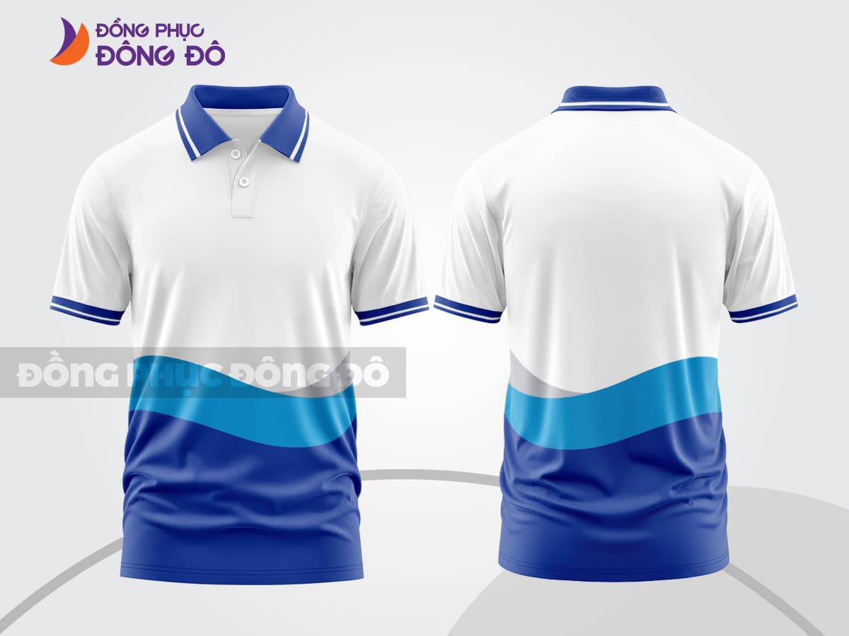 Mẫu áo polo 3D đồng phục nhân viên màu trắng phối xanh dương gợn sóng ctpd3202