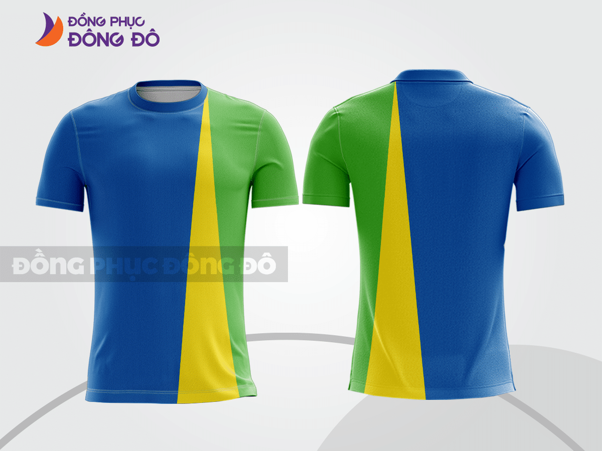 Mẫu t-shirt 3d đồng phục nhân viên đẹp màu xanh dương phối xanh lá và vàng cttd65