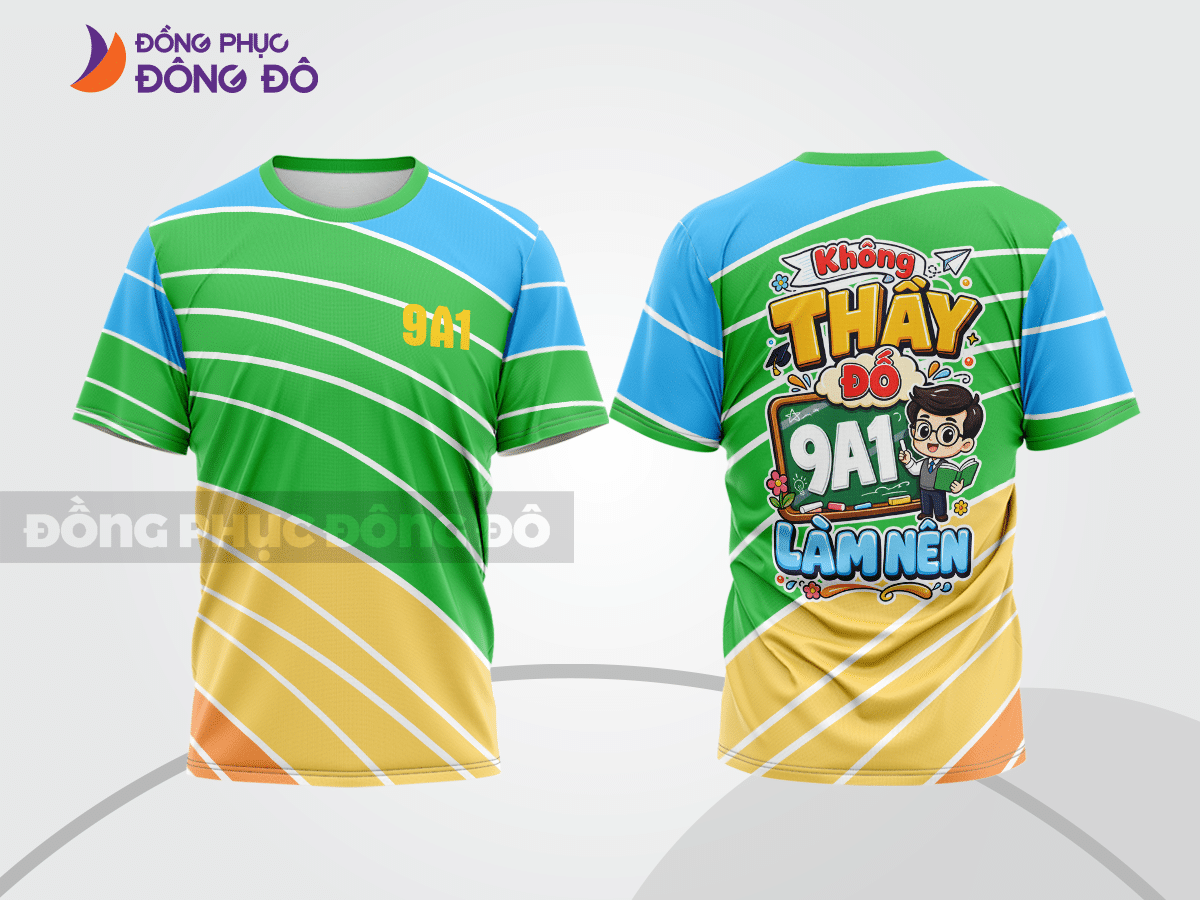 Mẫu áo thun đồng phục lớp màu vàng kem phối xanh lá hình in graphic cá tính lptd67