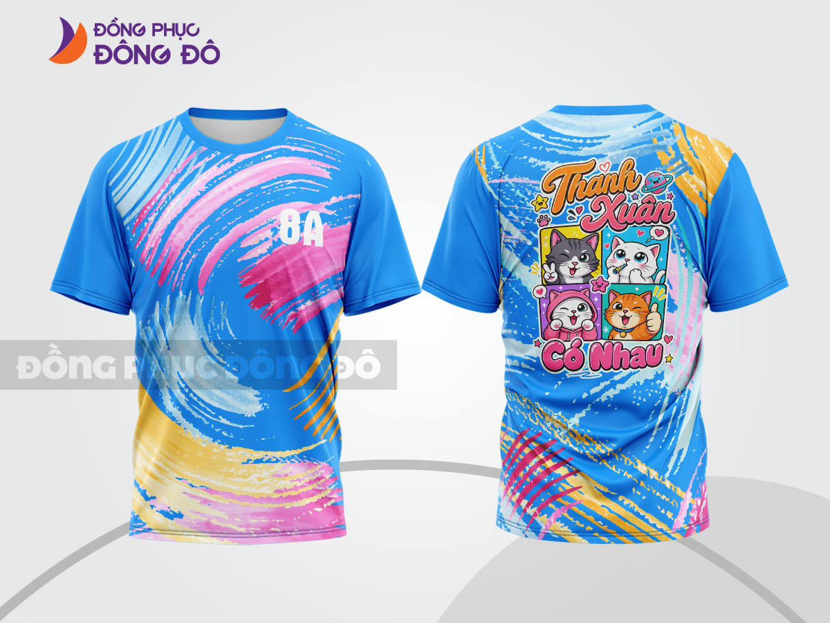 Mẫu áo thun lớp năng động màu xanh cyan phối vàng kem hình in slogan ấn tượng lptd76