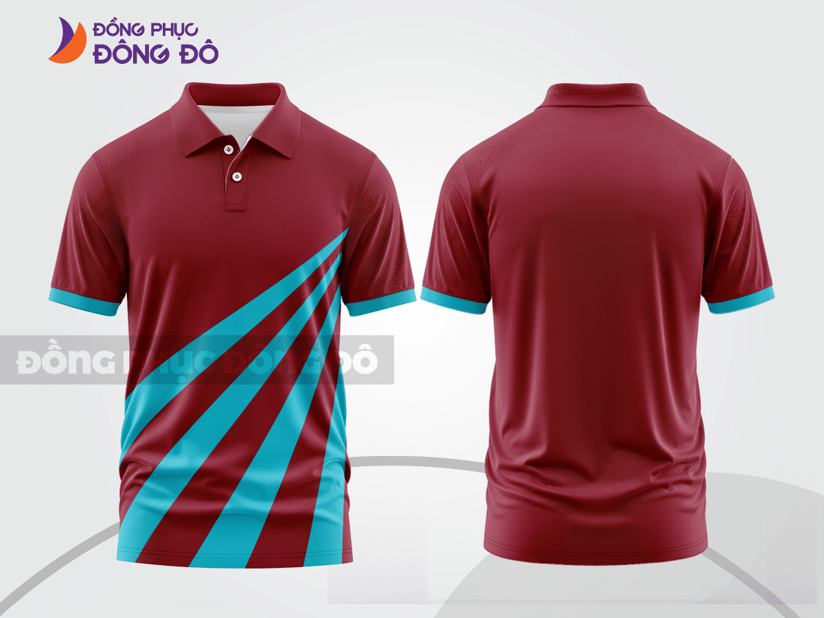 Mẫu áo polo đồng phục nhân viên màu đỏ đô phối xanh cyan mảng màu cách điệu hiện đại ctpb7510