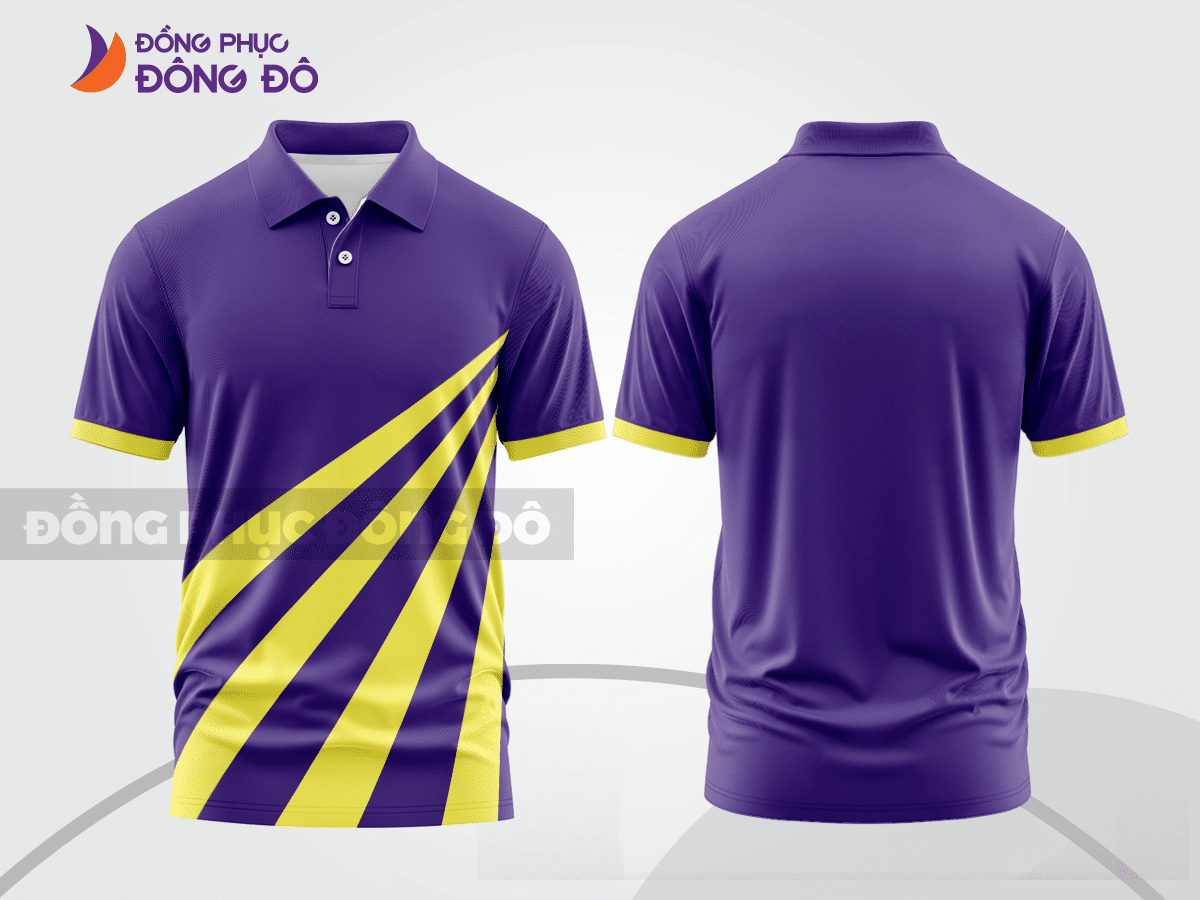 Mẫu áo polo nhân viên văn phòng màu xanh navy phối tím thiết kế bất đối xứng ctpb7511