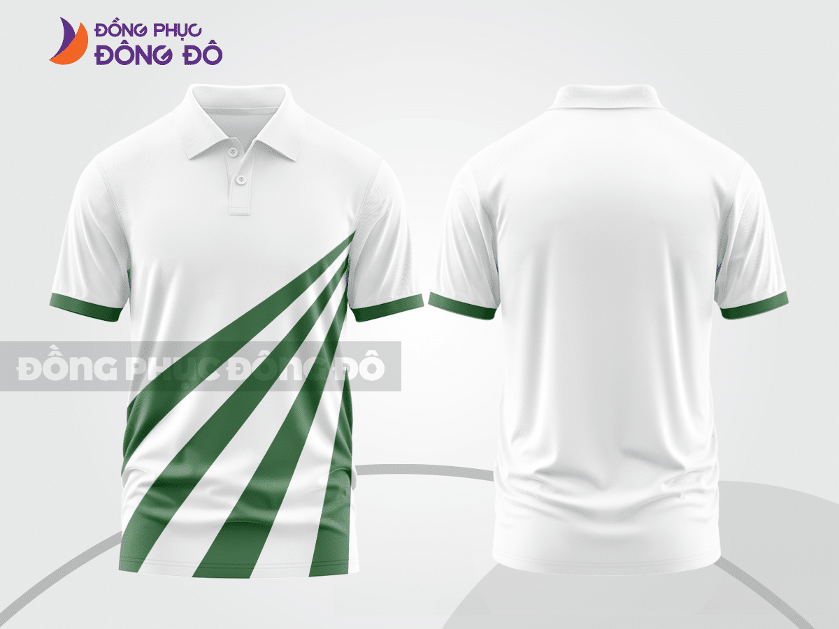 Mẫu áo polo đồng phục doanh nghiệp màu xanh rêu phối xanh lá phối mảng hình học ctpb7513
