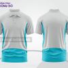 Mẫu áo polo đồng phục doanh nghiệp màu xanh cyan phối be họa tiết mảng chéo ctpb7574