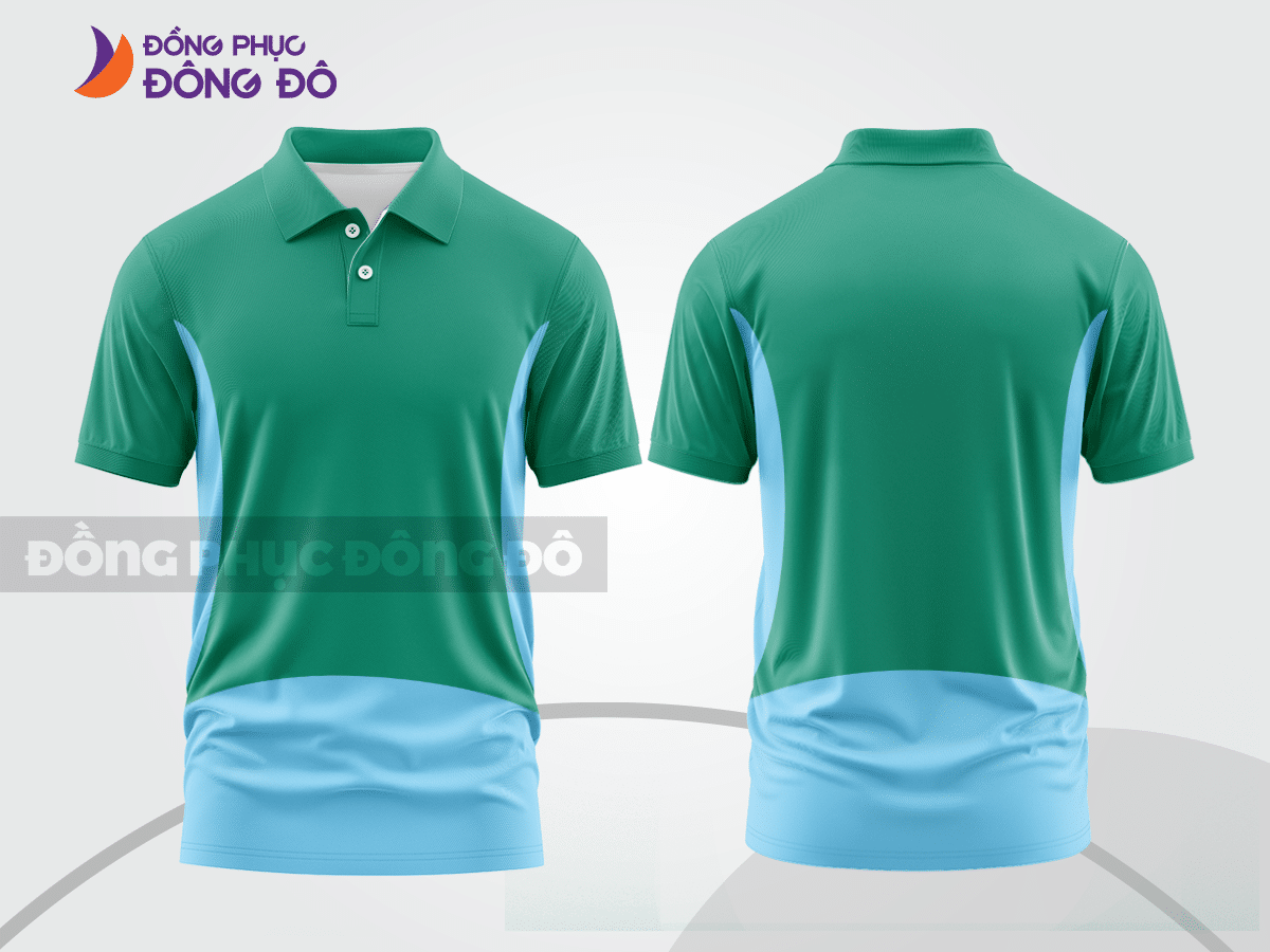 Mẫu áo polo nhân viên văn phòng màu xanh lá phối xanh ngọc thiết kế bất đối xứng ctpb7577