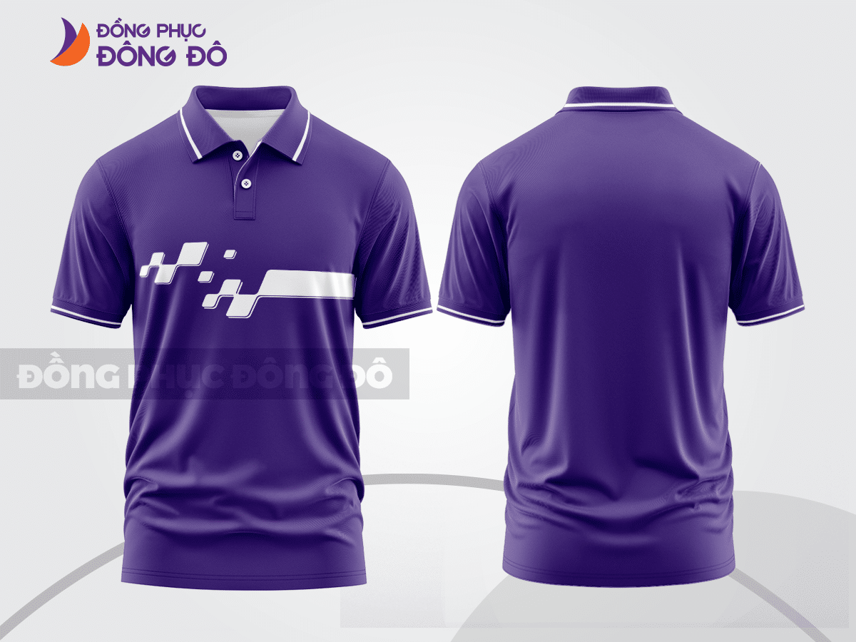 Mẫu áo polo đồng phục thương hiệu màu tím phối xanh navy họa tiết mảng màu thể thao ctpb7636