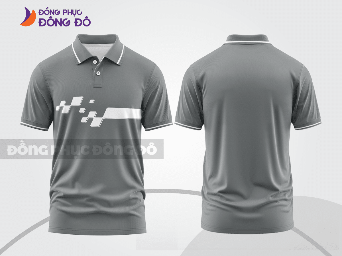 Mẫu đồng phục polo doanh nghiệp màu xám phối xanh rêu điểm nhấn hình học trẻ trung ctpb7639