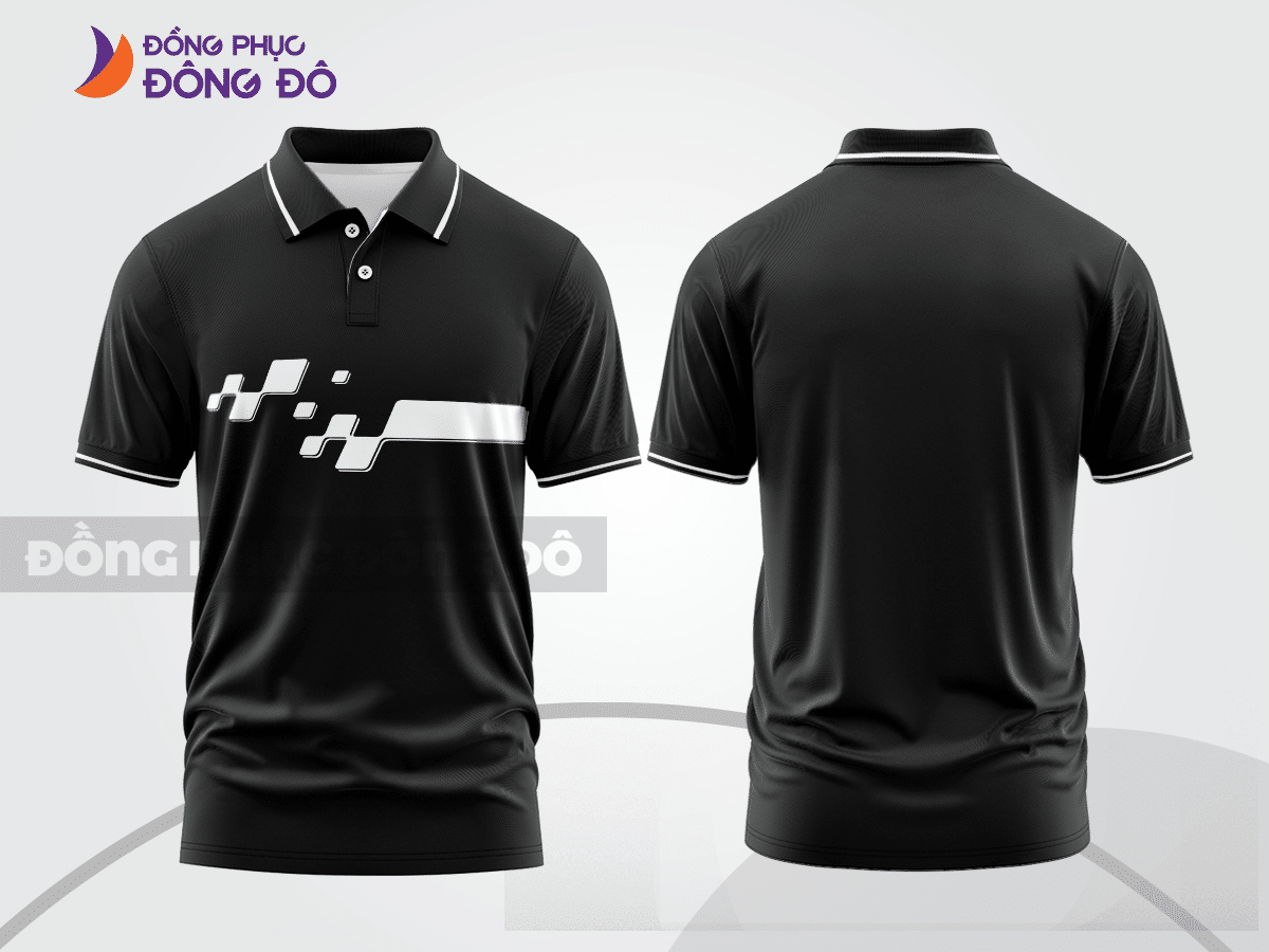 Mẫu áo polo đồng phục công ty màu đen phối xanh navy họa tiết mảng chéo ctpb7640