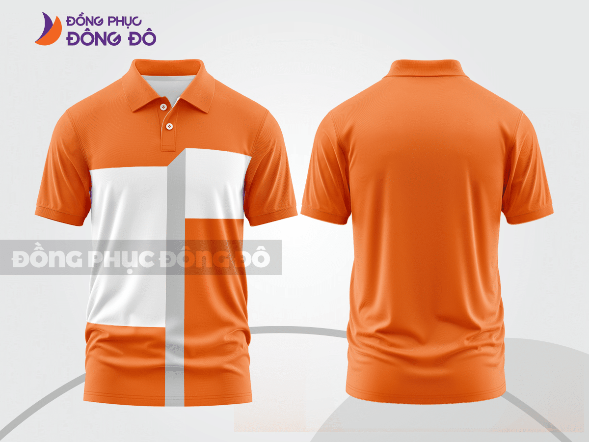 Mẫu áo polo công sở màu cam phối đỏ phối mảng hình học ctpb7666