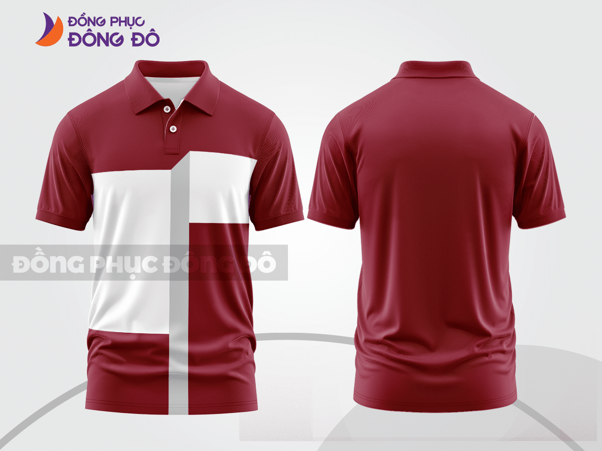 Mẫu áo polo đồng phục nhân viên màu đỏ đô phối nâu họa tiết mảng màu thể thao ctpb7676
