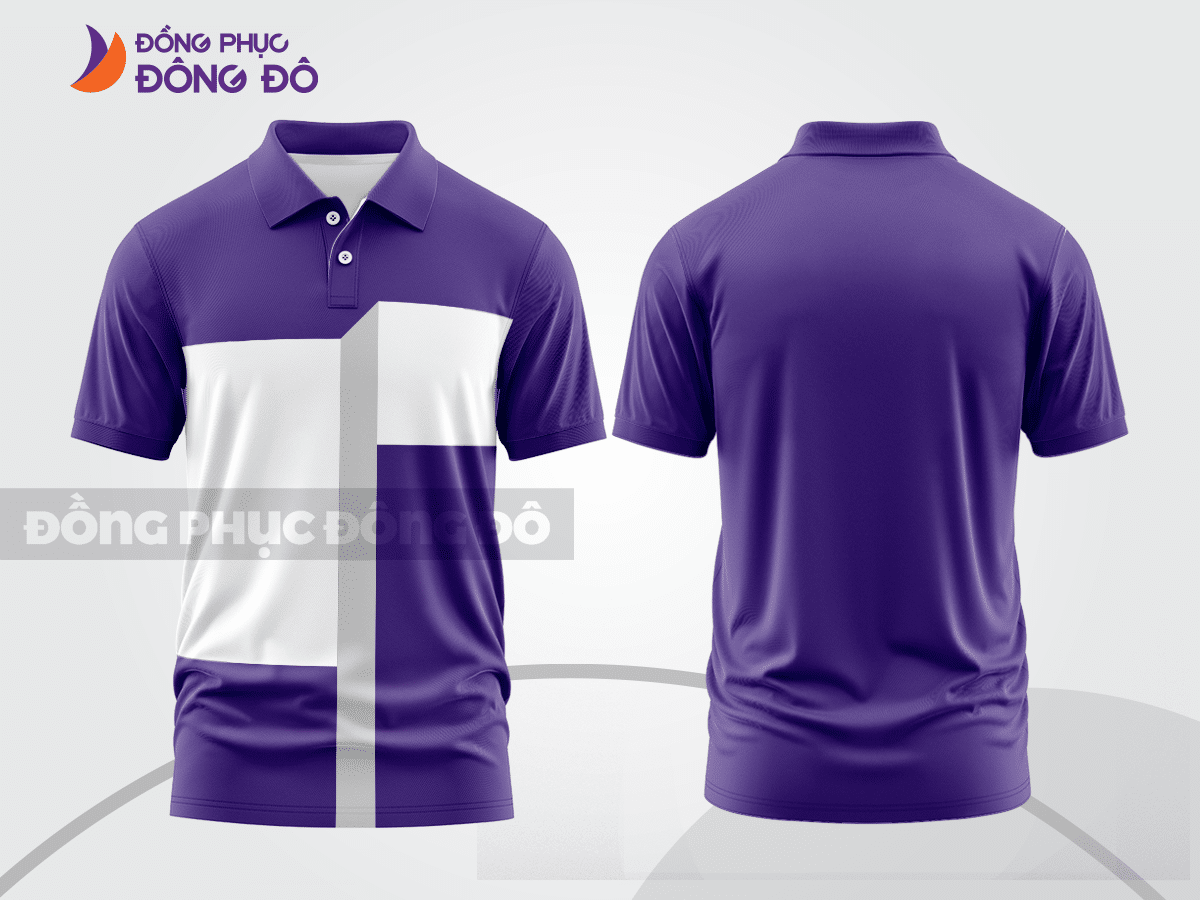 Mẫu áo polo nhân viên văn phòng màu tím phối xanh navy mảng màu cách điệu hiện đại ctpb7677