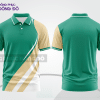 Mẫu áo polo đồng phục nhân viên màu xanh lá phối be điểm nhấn hình học trẻ trung ctpb7759