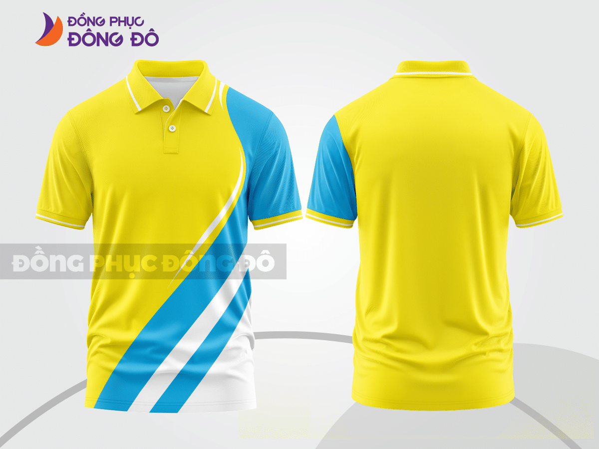 Mẫu áo polo đồng phục công ty màu vàng phối xanh cyan phối màu tương phản thanh lịch ctpb7762