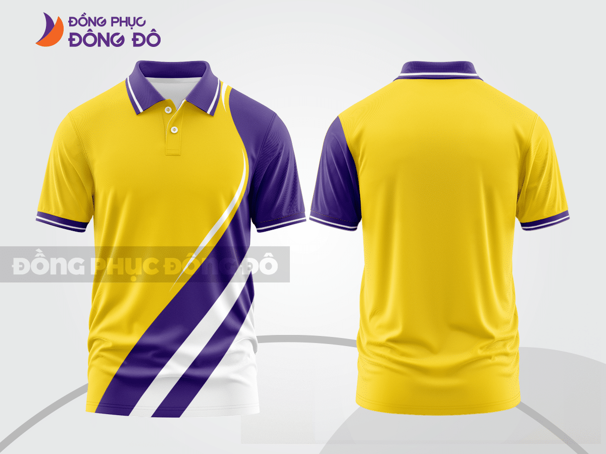 Mẫu áo polo đồng phục văn phòng màu vàng phối xanh navy đường nét chuyển động khỏe khoắn ctpb7769
