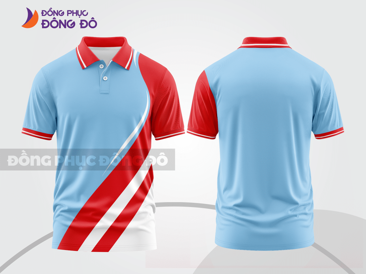 Mẫu áo polo công sở màu xanh ngọc phối đỏ mảng màu cách điệu hiện đại ctpb7771