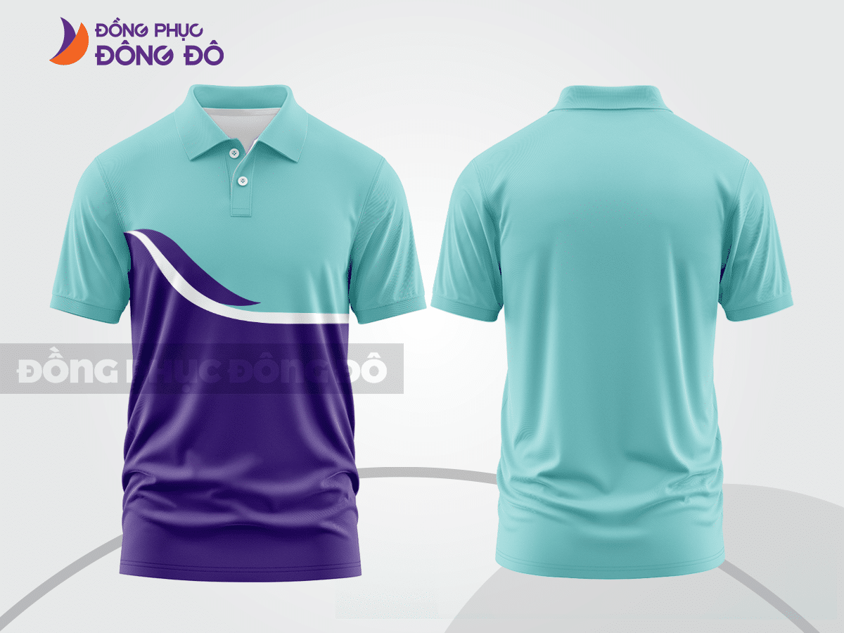 Mẫu đồng phục polo doanh nghiệp màu xanh ngọc phối tím họa tiết mảng chéo ctpb7800