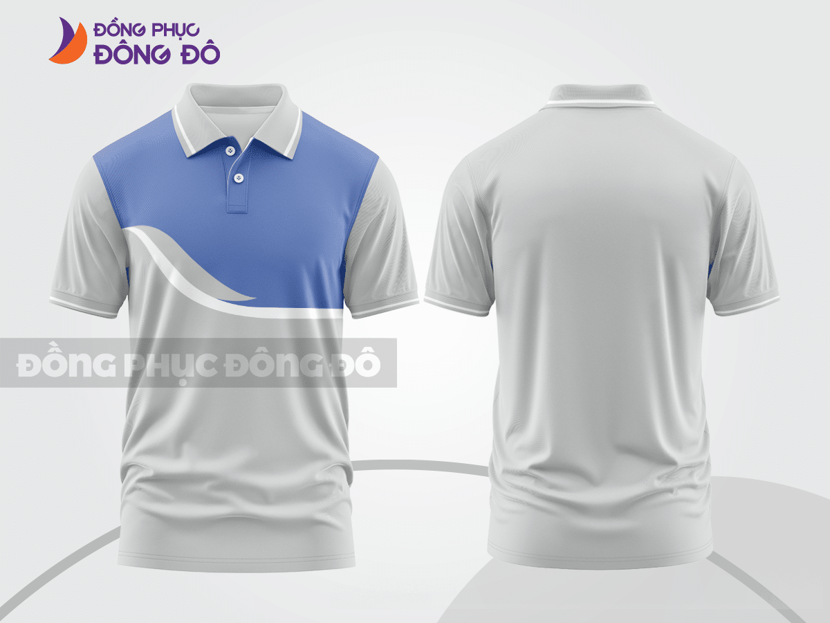 Mẫu áo polo đồng phục đội ngũ màu be phối xám đường nét chuyển động khỏe khoắn ctpb7816