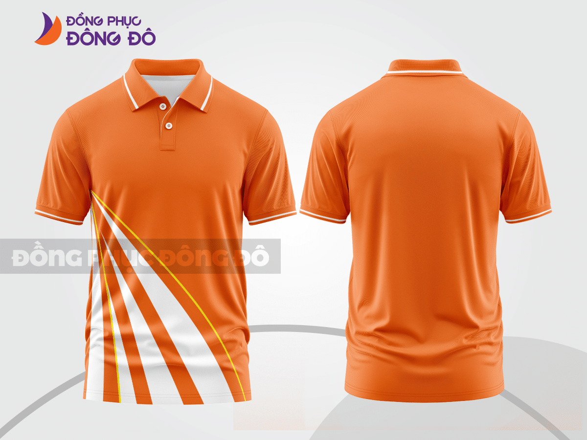 Mẫu áo polo đồng phục công ty màu cam phối đỏ đường nét chuyển động khỏe khoắn ctpb7823