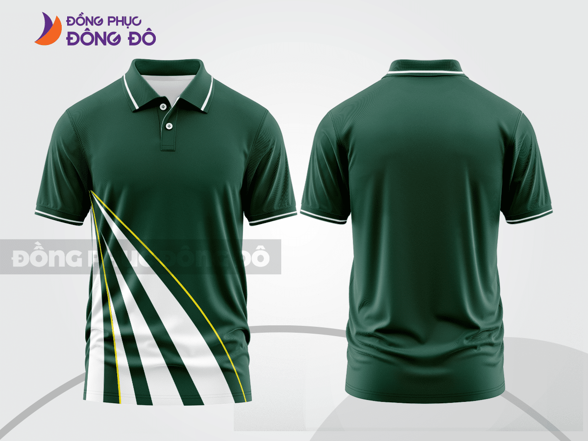 Mẫu áo polo nhóm công ty màu đen phối xanh rêu họa tiết mảng màu thể thao ctpb7829