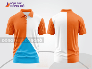 Mẫu áo polo nhân viên văn phòng màu xanh cyan phối cam họa tiết mảng màu thể thao ctpb7843