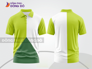 Mẫu áo polo nhóm công ty màu vàng kem phối xanh rêu điểm nhấn hình học trẻ trung ctpb7846