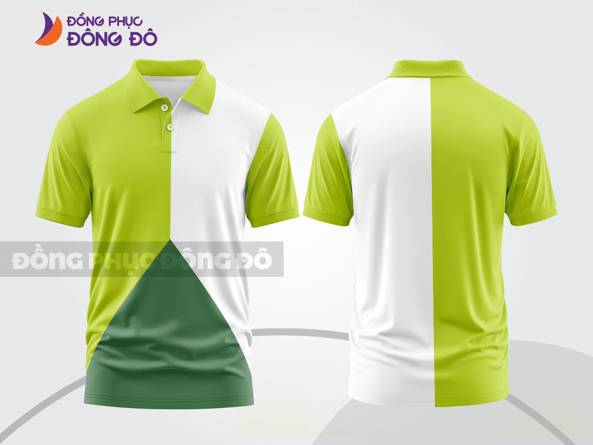 Mẫu áo polo nhóm công ty màu vàng kem phối xanh rêu điểm nhấn hình học trẻ trung ctpb7846