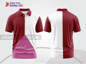 Mẫu đồng phục áo polo công sở màu hồng phối đỏ đô điểm nhấn hình học trẻ trung ctpb7853