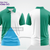 Mẫu áo polo đồng phục nhân viên màu xanh cyan phối xanh lá phối mảng hình học ctpb7859