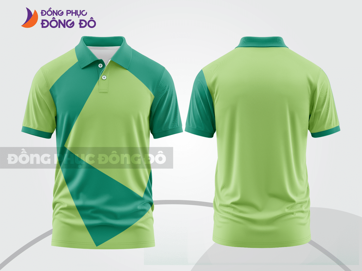 Mẫu áo polo đồng phục thương hiệu màu be phối xanh lá họa tiết mảng chéo ctpb7880