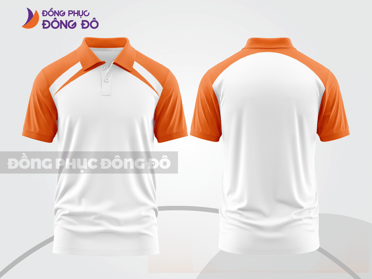 Mẫu áo polo đồng phục công ty màu cam phối đỏ mảng màu cách điệu hiện đại ctpb7884