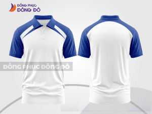 Mẫu áo polo đồng phục nhân viên màu xanh dương phối xanh navy điểm nhấn hình học trẻ trung ctpb7886