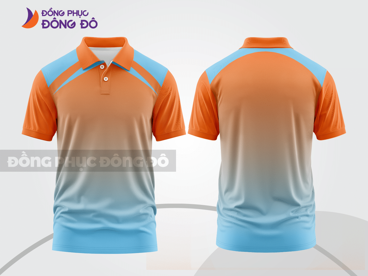 Mẫu áo polo đồng phục thương hiệu màu cam phối xanh ngọc mảng màu cách điệu hiện đại ctpb7924