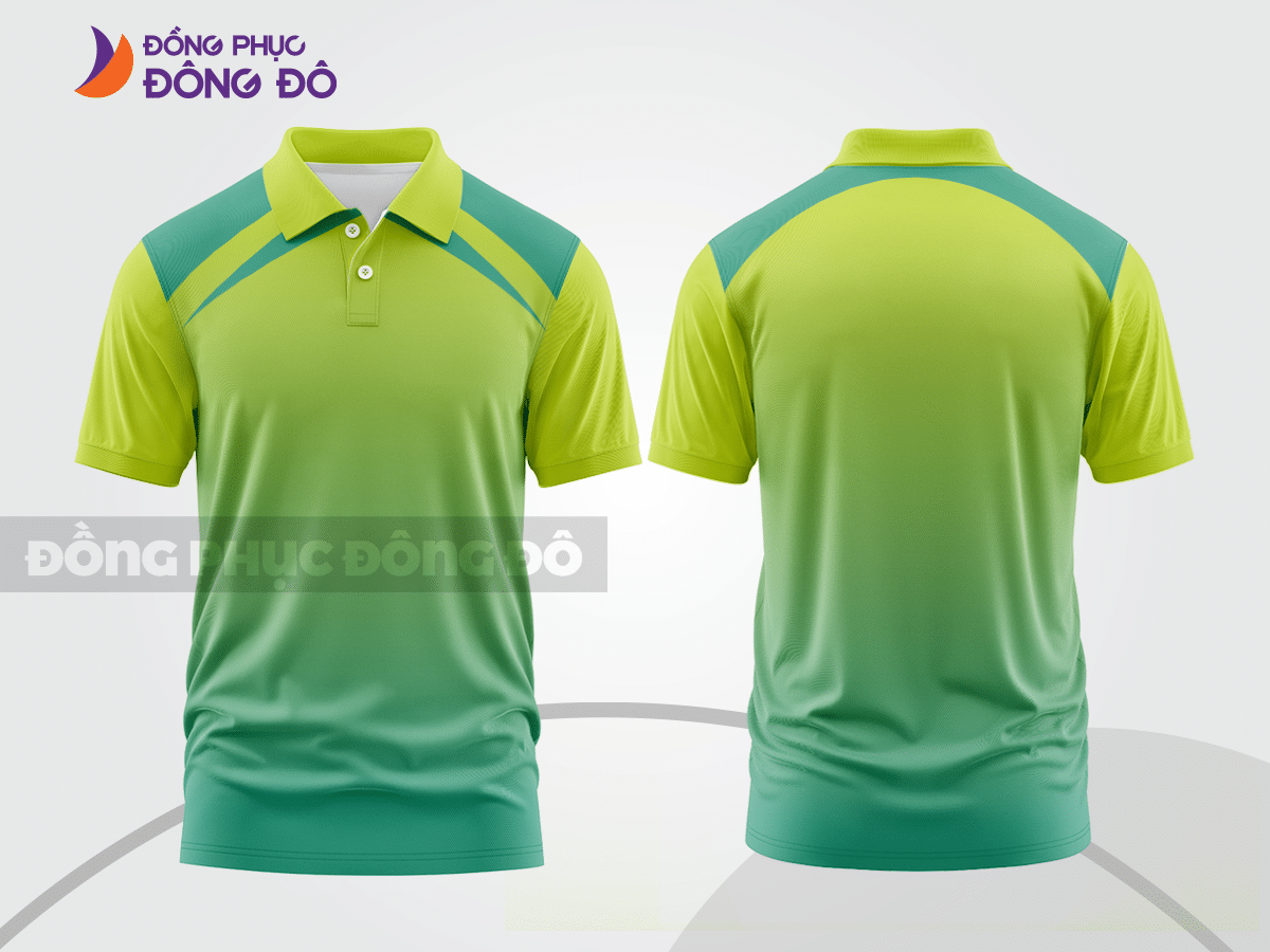 Mẫu đồng phục polo doanh nghiệp màu be phối xanh lá họa tiết mảng chéo ctpb7927