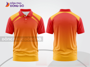 Mẫu áo polo đồng phục công ty màu cam phối vàng kem điểm nhấn hình học trẻ trung ctpb7933