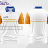 Mẫu đồng phục polo doanh nghiệp màu cam phối vàng kem điểm nhấn hình học trẻ trung ctpb7966
