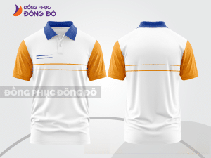 Mẫu đồng phục polo doanh nghiệp màu cam phối vàng kem điểm nhấn hình học trẻ trung ctpb7966