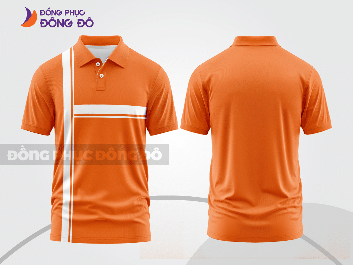 Mẫu áo polo đồng phục doanh nghiệp màu cam phối đỏ thiết kế bất đối xứng ctpb7984
