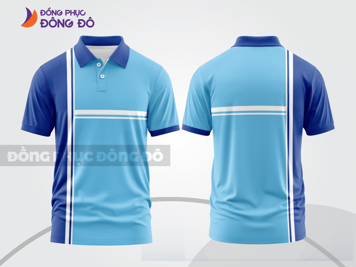 Mẫu áo thun đồng phục cổ trụ màu xanh ngọc phối xanh dương điểm nhấn đường nét năng động ctpb8005