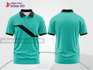 Mẫu áo polo đồng phục nhân viên màu xanh cyan phối xanh ngọc điểm nhấn hình học trẻ trung ctpb8086