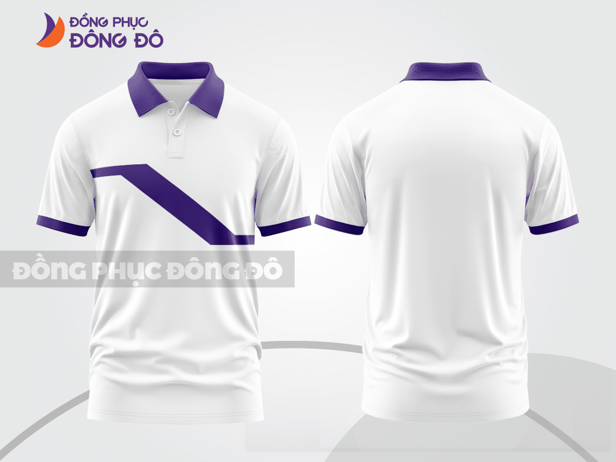 Mẫu áo polo đồng phục công ty màu xanh navy phối tím thiết kế bất đối xứng ctpb8111