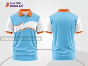 Mẫu áo polo đồng phục công ty màu xanh ngọc phối cam họa tiết mảng màu thể thao ctpb8116