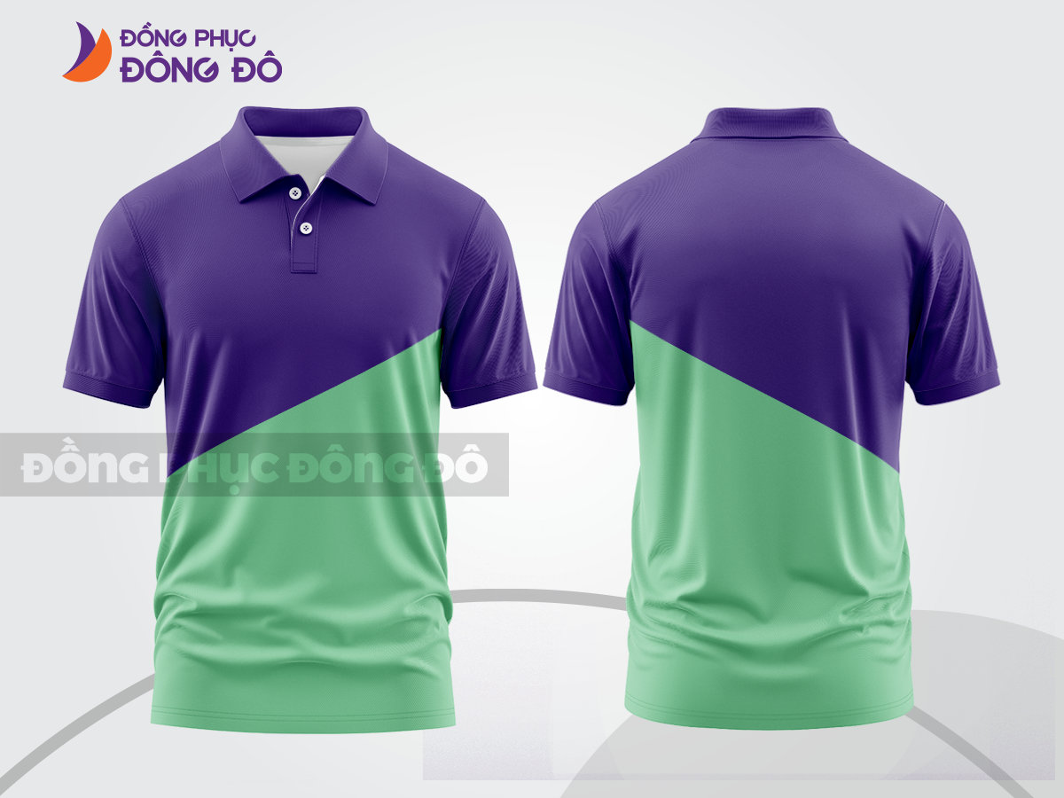 Mẫu áo polo nhân viên văn phòng màu xanh ngọc phối tím phối mảng hình học ctpb8153